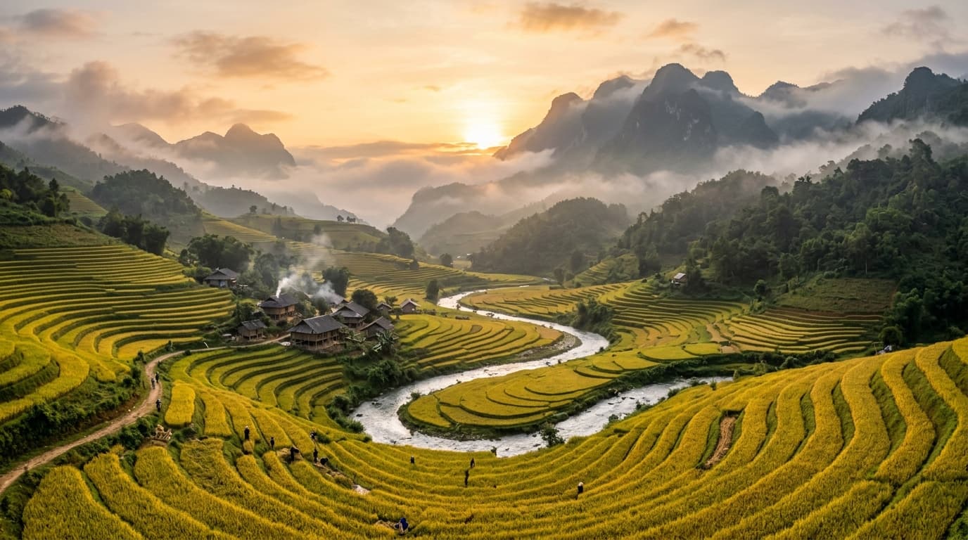 Phong cảnh Lục Hồn mùa vàng và đỉnh Cao Xiêm